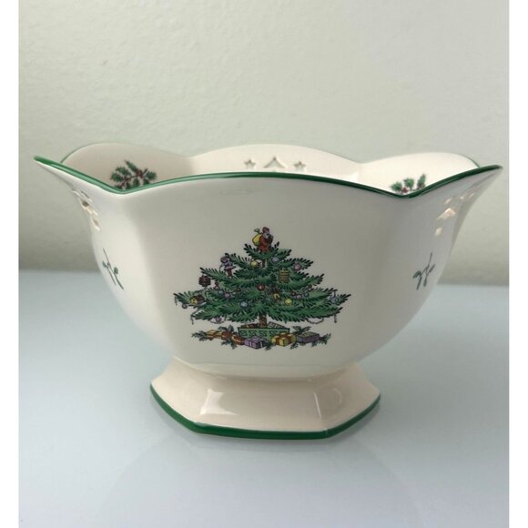Spode Christmas Tree Pierced Hexagonal Bowl Holiday Serving Classic England - Picture 15 of 16